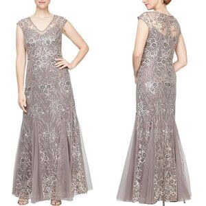 NEW Alex Evenings Long Fit and Flare Godet Detail Mesh Sequin Gown in Rich Taupe